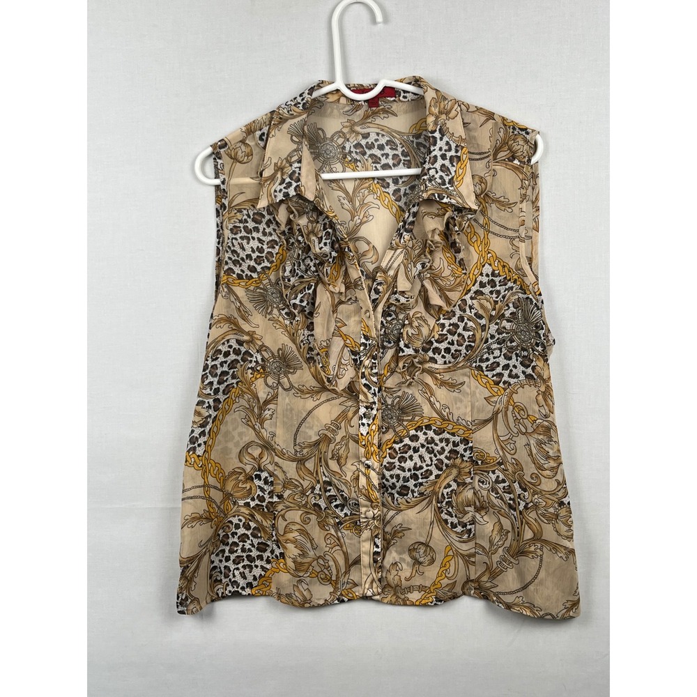 Joni B. Sleeveless Ruffle Blouse Womens XL Leopard Chain Print Tan Gold Top